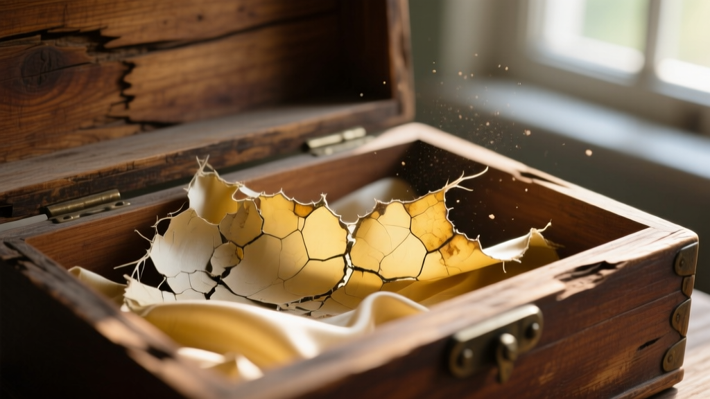 Macro shot of degraded acidic silk lining pulling away from the wooden interior of an antique box, exposing the bare wood grain