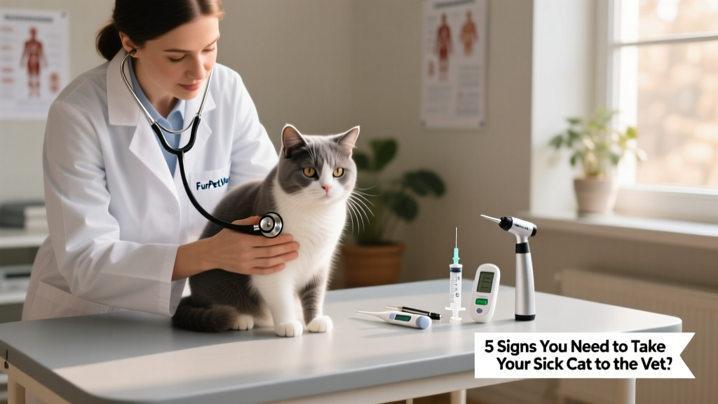 Veterinarian gently examining a calm cat on an exam table, with FurPetVo branded tools visible nearby