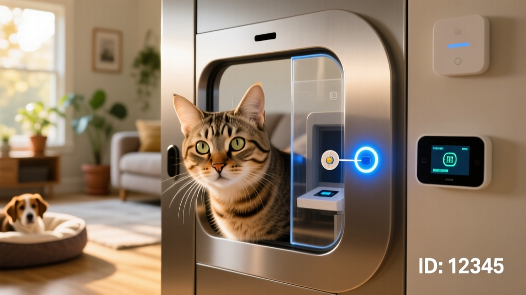 Close-up of a cat’s microchip being scanned at a sleek, modern pet door with LED indicator light