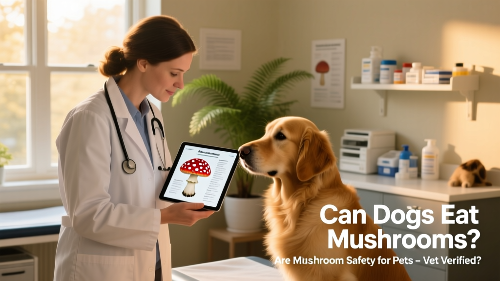 Veterinarian examining a dog in an exam room while reviewing a mushroom identification guide on a tablet