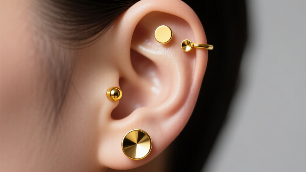 Macro photo of an ear with three lobe piercings, showing a large bottom stud graduating to smaller top studs in solid 14k yellow gold.