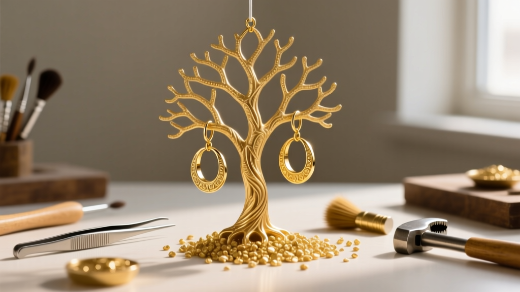 Jeweler workbench showing lost-wax casting tree of intricate 14k gold huggie earrings beside raw gold grain and hand tools.