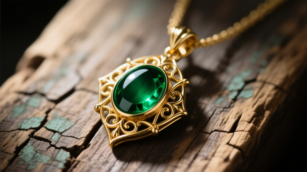 Macro shot of an Elessar Elfstone pendant with green enamel and gold vermeil filigree, displayed on a weathered wooden surface.