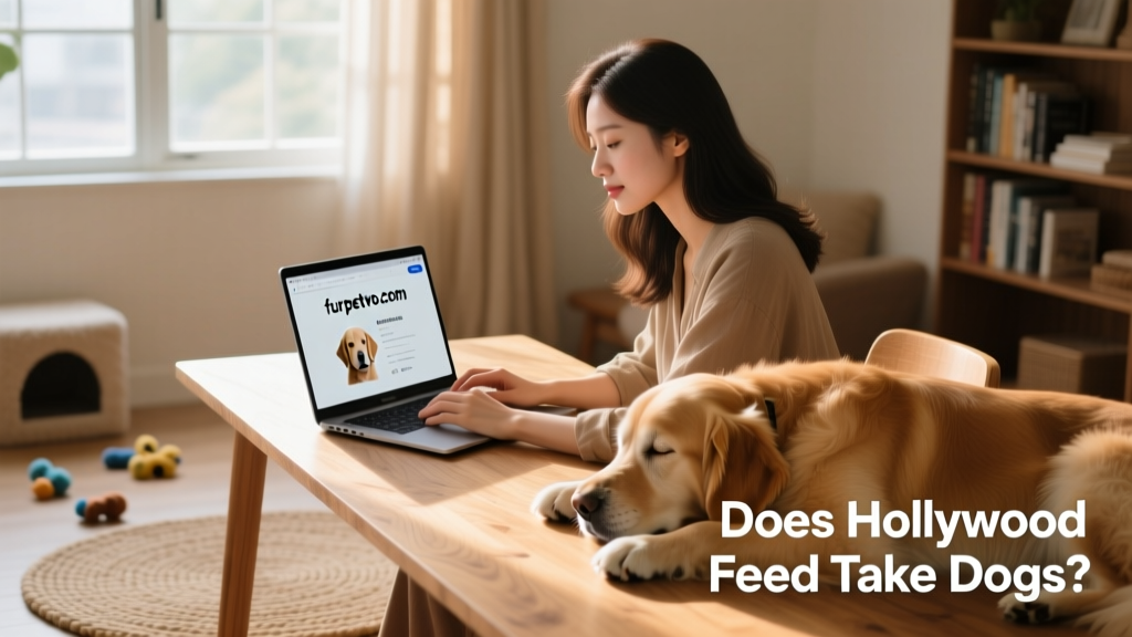 Person using furpetvo.com on a laptop to create a dog profile, with a calm dog resting nearby