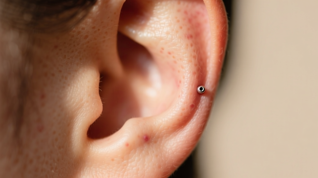 Macro shot of a human earlobe with a small flesh-colored bump near a piercing hole, soft lighting, realistic skin