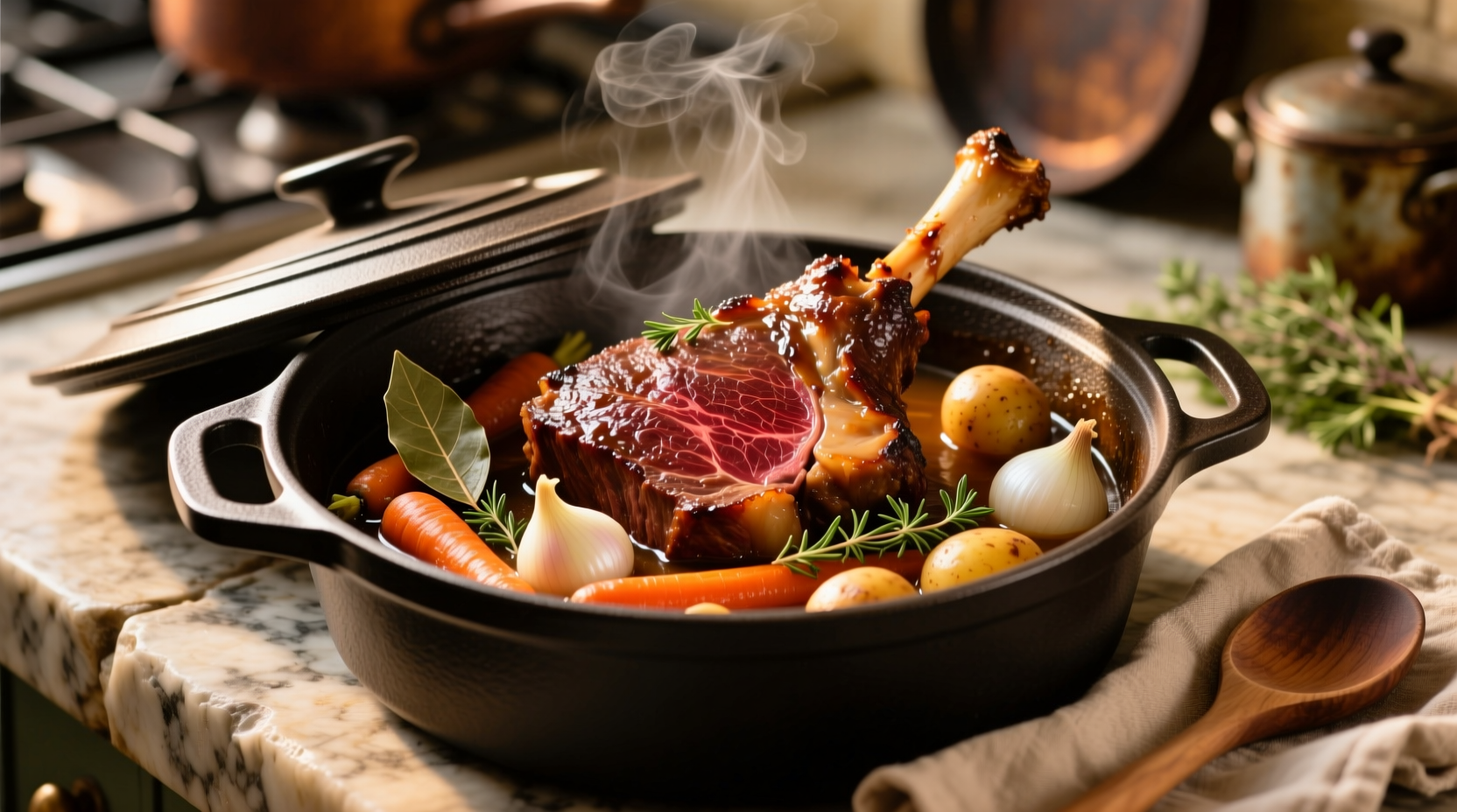 Perfectly braised shank steak with vegetables in Dutch oven