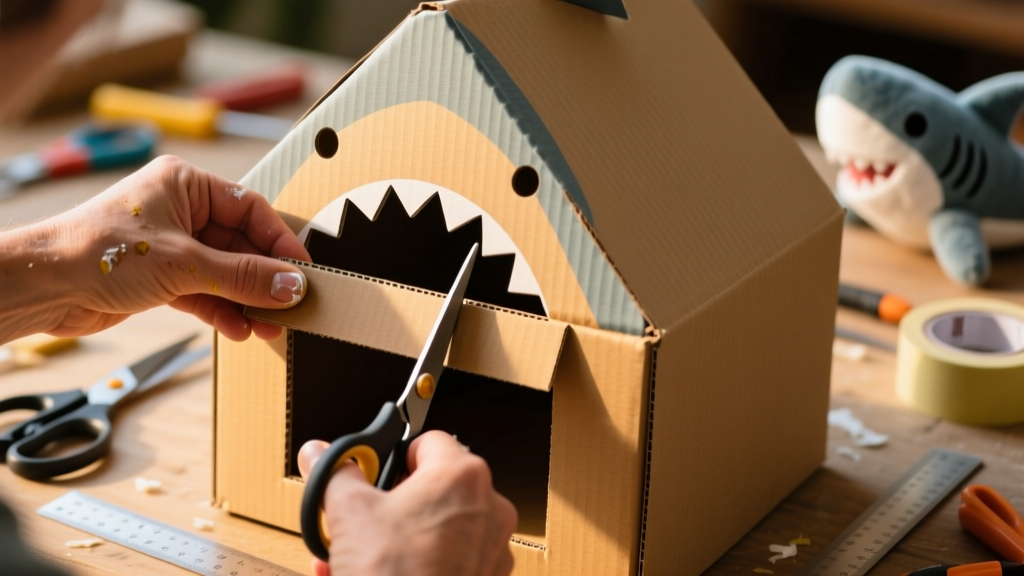 Close-up of hands cutting a rectangular mouth opening into a cardboard box, showing proper spacing and clean edges