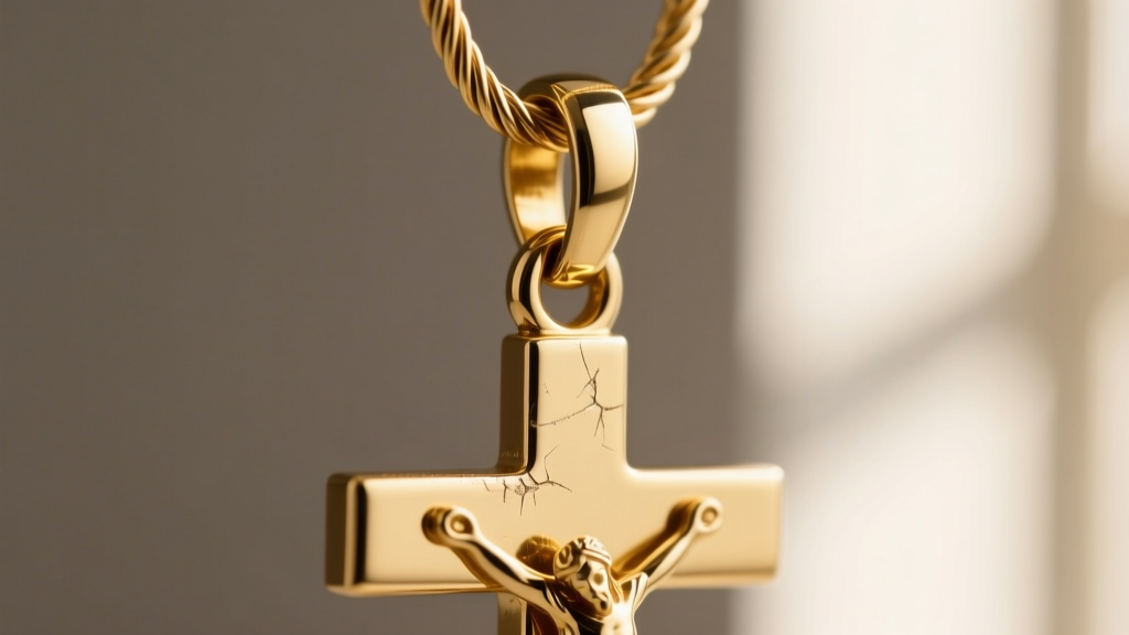 Macro shot of a gold bail connecting a crucifix to a cable chain, revealing slight friction wear on the bottom metal loop
