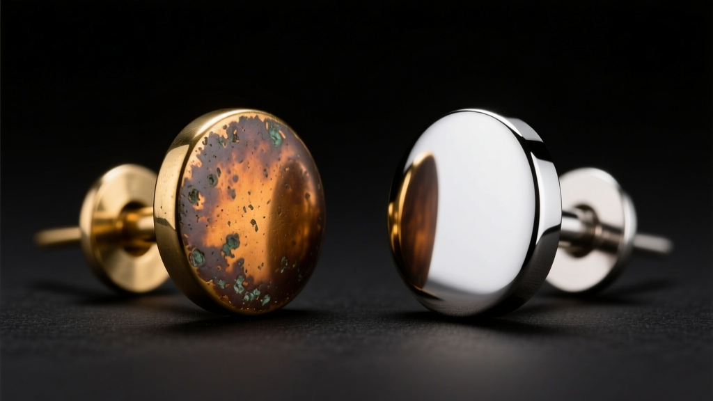 Side-by-side comparison of an oxidized brass earring post and a mirror-finish titanium post under bright studio lighting.