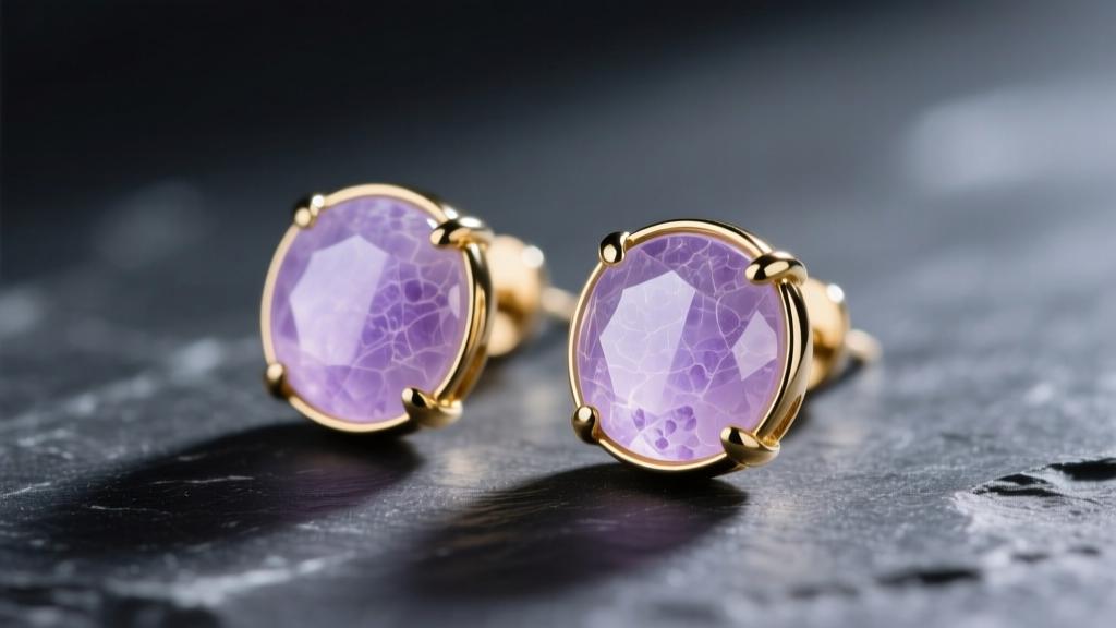 Lavender jadeite stud earrings in a gold bezel on dark slate, showing a translucent lilac hue and fine granular stone texture.