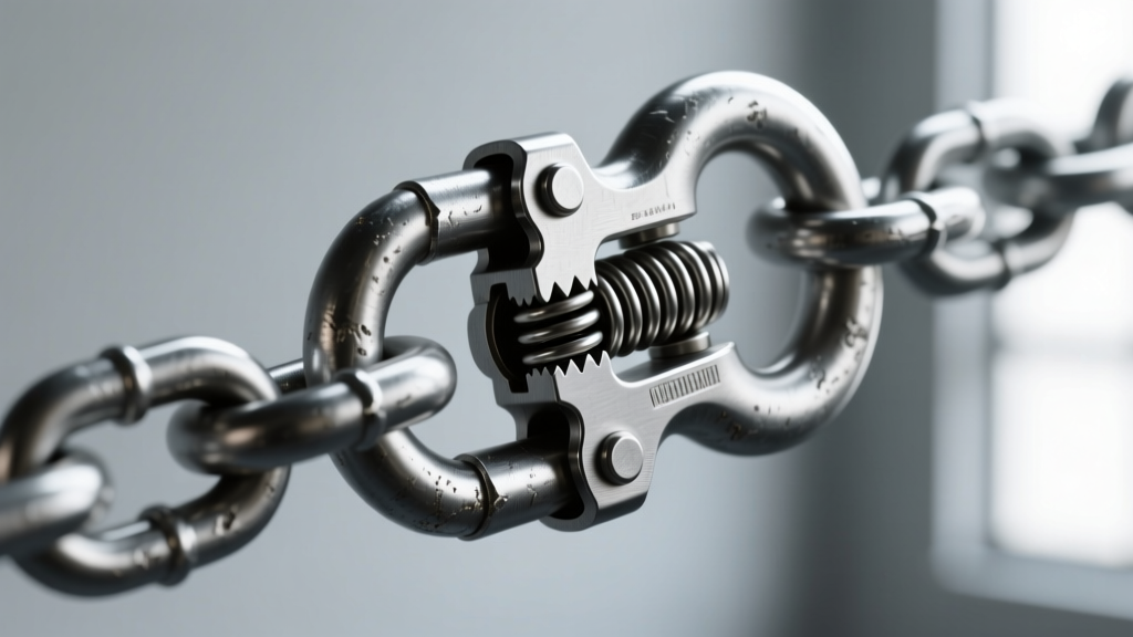 Close-up of a heavy steel lobster clasp on a thick jump ring and anchor chain, showing the secure internal spring lock mechanism.