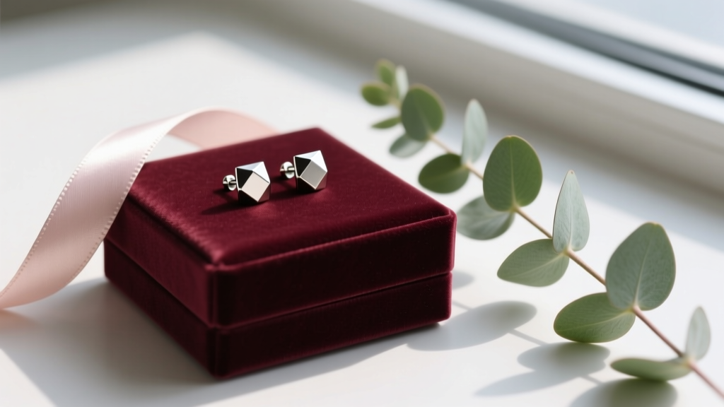 Elegant flat lay of titanium stud earrings on a velvet gift box, accompanied by a sprig of eucalyptus and a soft satin ribbon.