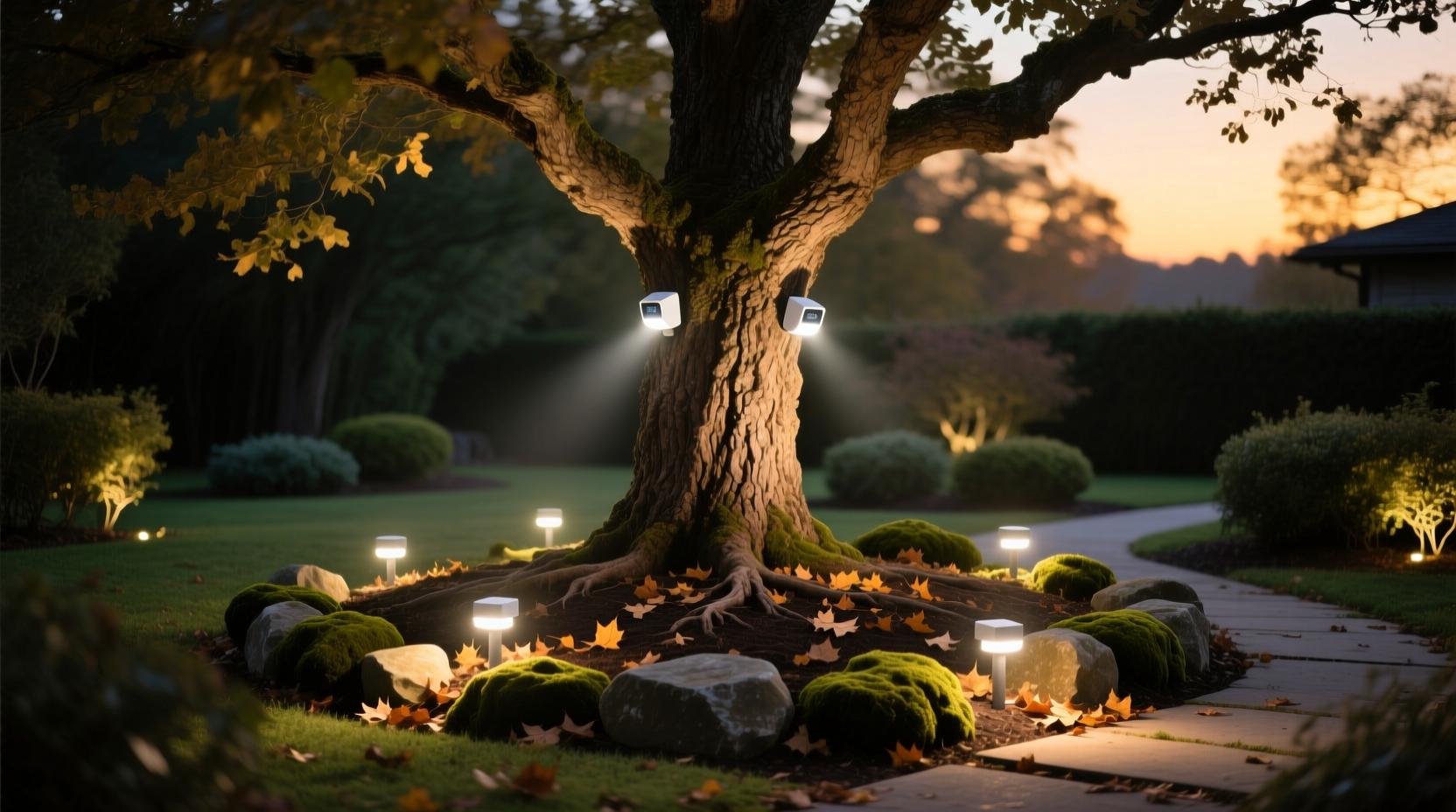 how to use motion activated lights to highlight key areas around the tree