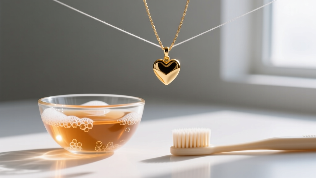 A small glass bowl filled with warm soapy water and a soft-bristled toothbrush positioned next to a delicate gold heart pendant