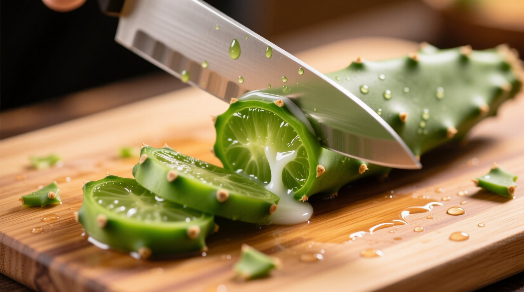 Fresh nopales being sliced on cutting board
