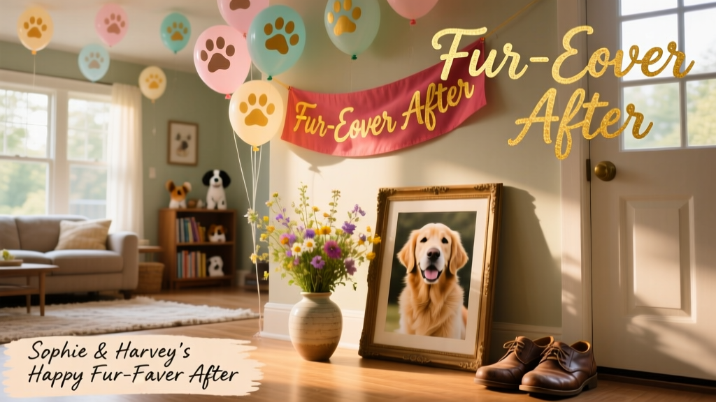 A festive living room decorated with paw-print balloons, 'Fur-Ever After' banner, and a bouquet beside a framed photo of Murphy