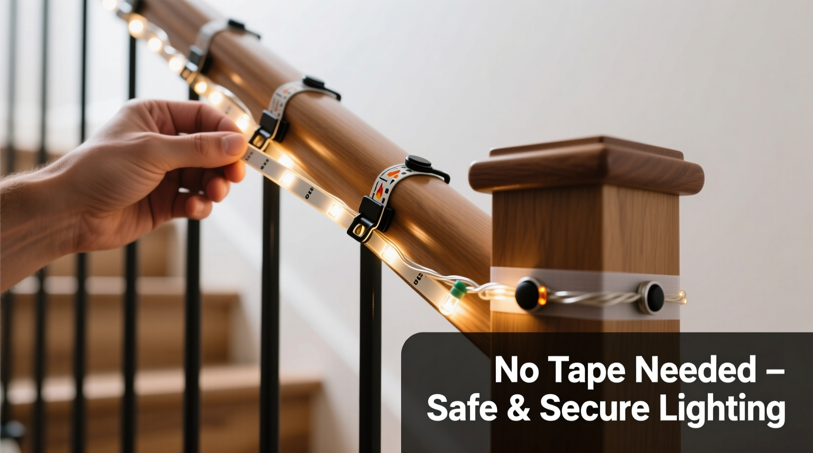 how to safely wrap staircase rails with lights without tape