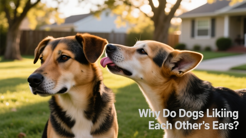 A dog looking mildly annoyed while another licks its ear, suggesting mild discomfort