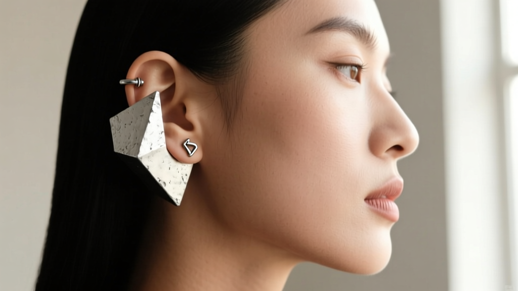 Side profile of a mismatched ear curation featuring a heavy brutalist silver ear cuff and a delicate geometric helix cartilage stud
