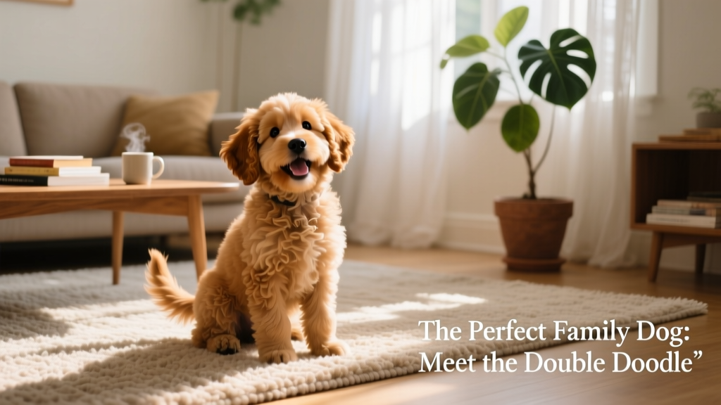 A smiling Double Doodle puppy sitting on a sunlit living room rug, tail wagging