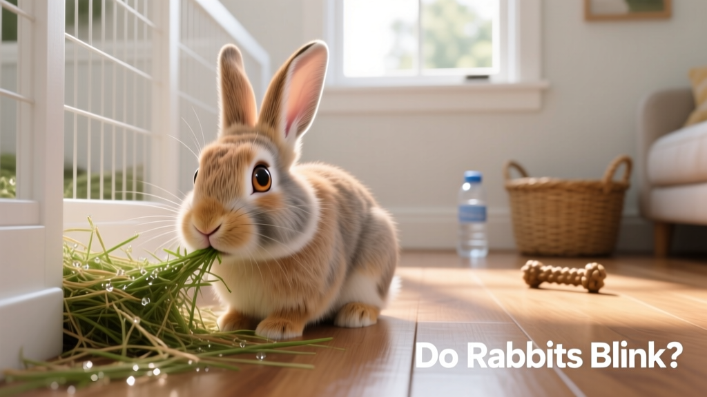 Rabbit calmly eating fresh hay in a well-lit, tidy enclosure with visible clear eyes