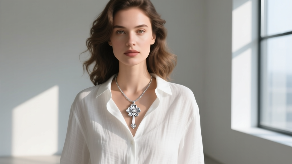 Woman wearing an 18-inch sterling silver flower cross necklace layered over a crisp white linen button-down shirt in daylight