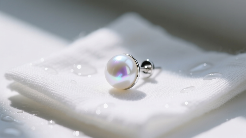 White Akoya pearl stud earring on a damp lint-free cloth, showing its delicate nacre surface texture in soft natural window light