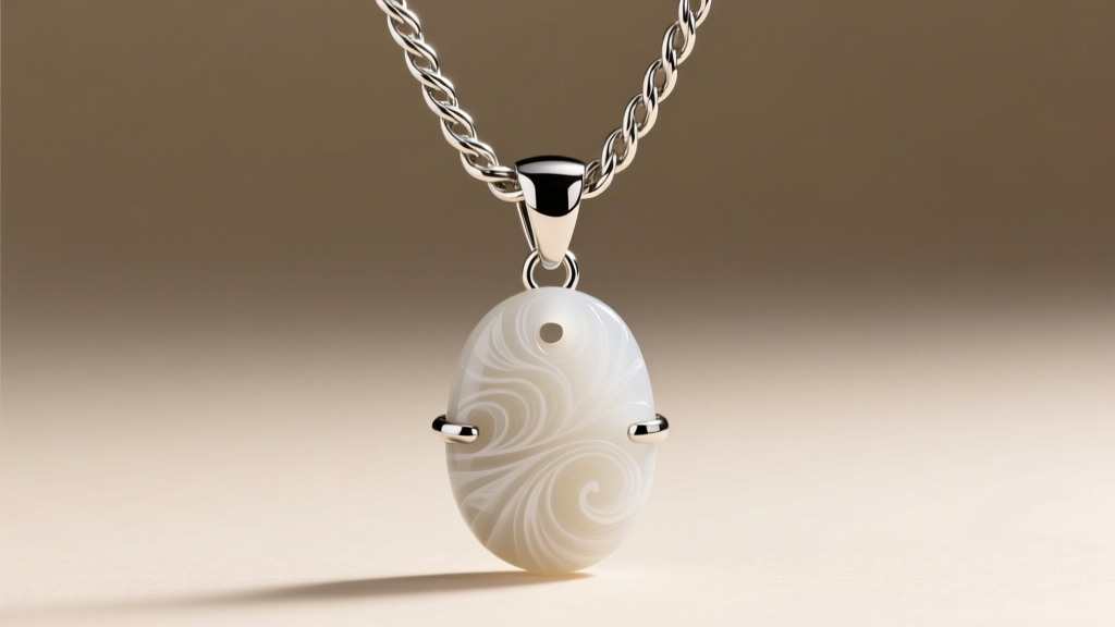 Silver rope chain holding a carved white agate pendant, showing a sturdy lobster clasp and a reinforced soldered jump ring.