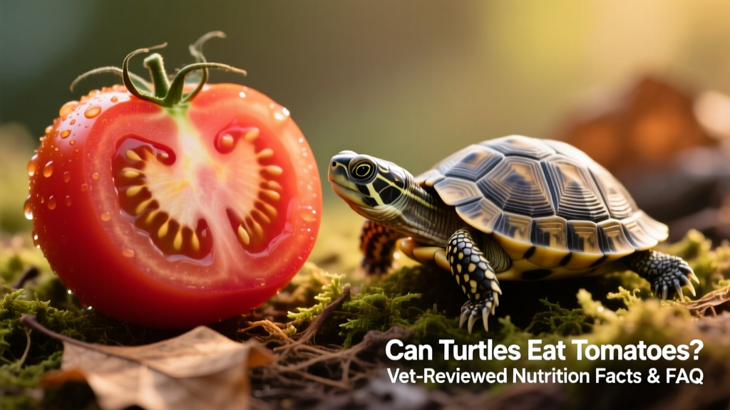 A red, ripe tomato sliced in half next to a small turtle on a natural substrate