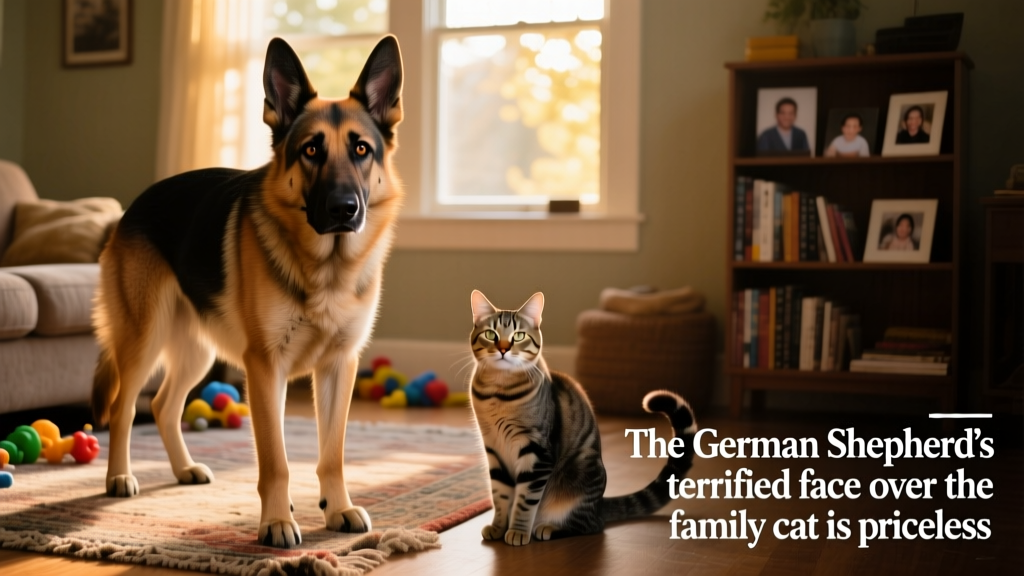 German Shepherd staring warily at a calm cat sitting nearby
