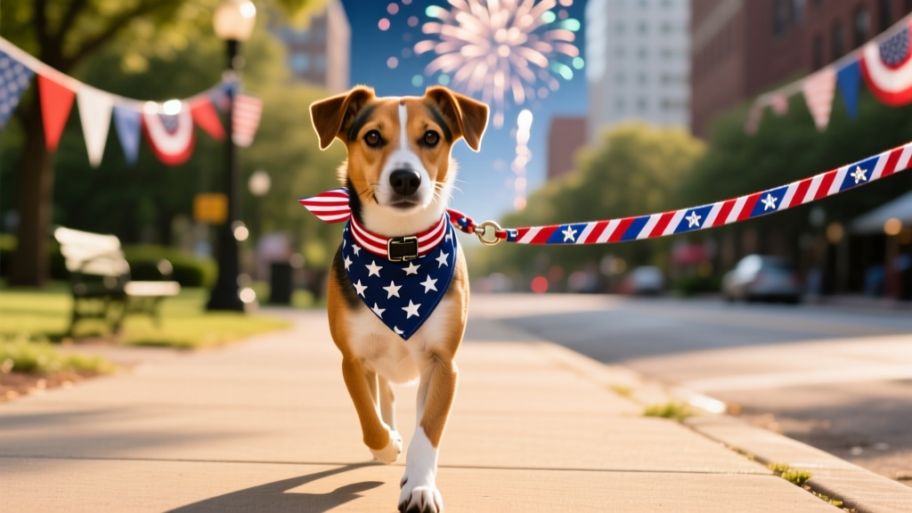 A medium-sized terrier mix walking confidently on a red, white, and blue striped leash with subtle star detailing