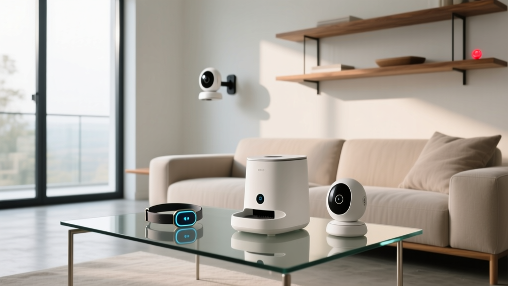 A modern living room featuring a suite of smart cat gadgets, including a GPS tracker collar, automated feeder, and 360-degree pet camera.
