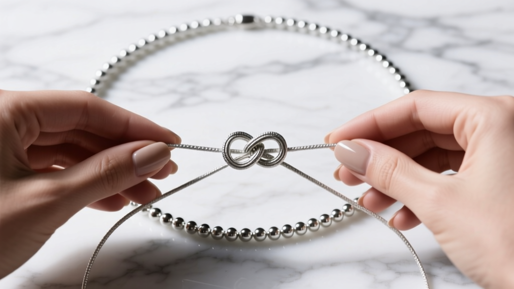 Close-up of hands tying an asymmetric overhand knot with a 45-inch silver bead necklace, showing exact loop placement on marble