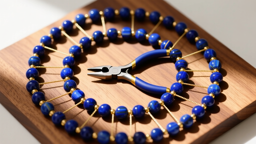 Overhead view of a wooden bead board with lapis lazuli beads, gold spacers, micro-crimping pliers, and 0.015-inch beading wire.