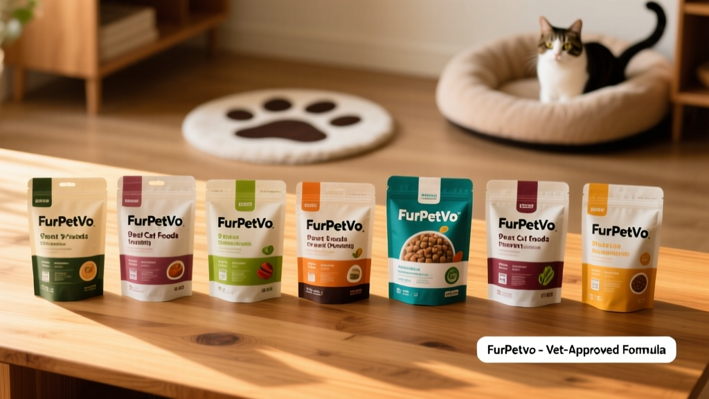 Side-by-side comparison of nine FurPetVo cat food packages on a clean wooden surface