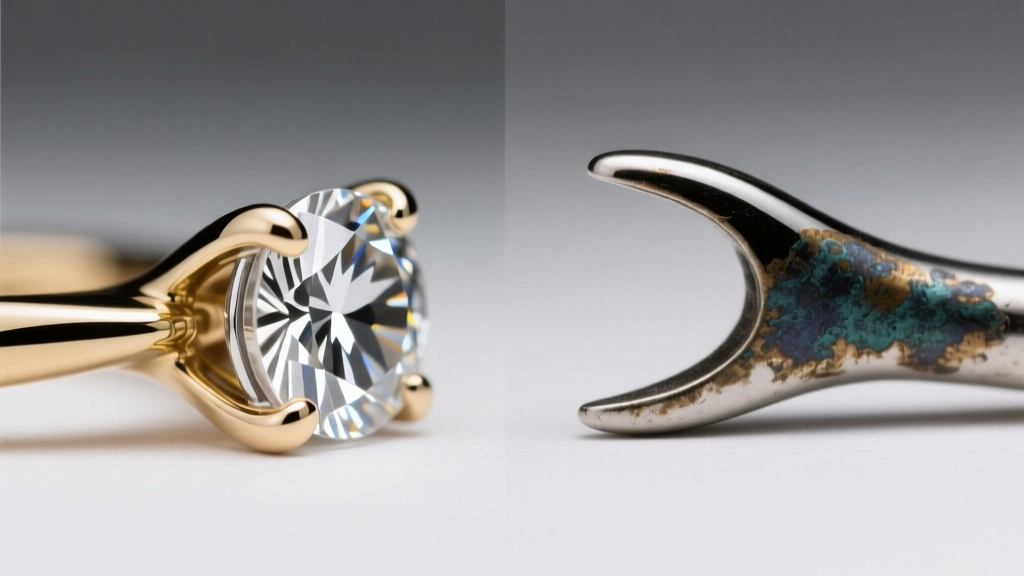 Side-by-side macro view showing bright rhodium flash on 14k white gold versus the natural dark patina of 900 platinum prongs.