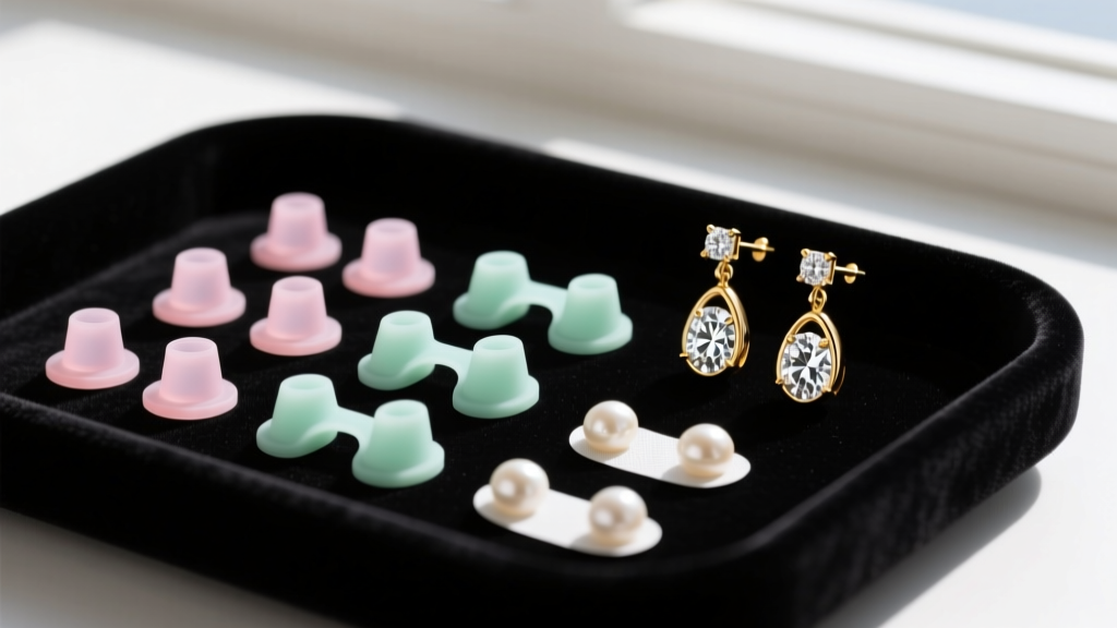Silicone earring backs and adhesive lobe support patches on a dark velvet tray next to a pair of gold diamond drop earrings.