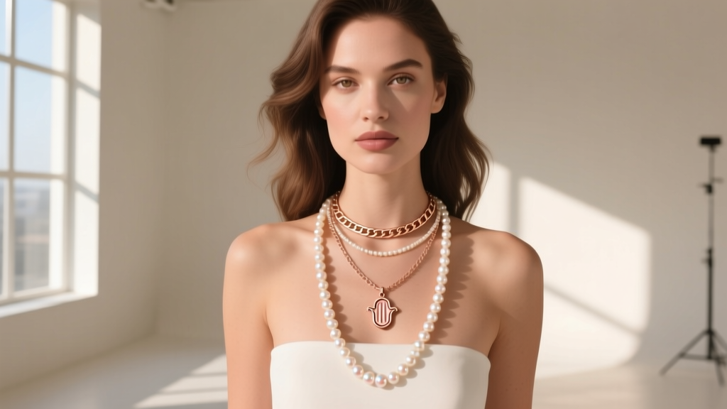 Woman wearing a layered necklace stack with a small rose gold Hamsa pendant on a 16-inch box chain and a longer pearl lariat