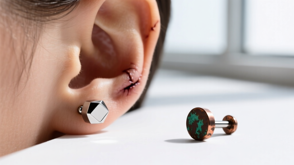 Close-up of healed earlobe wearing a titanium labret stud, placed next to a tarnished copper-alloy silver stud on a white surface
