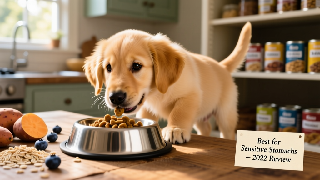 Close-up of a happy, healthy golden retriever puppy eating from a stainless steel bowl