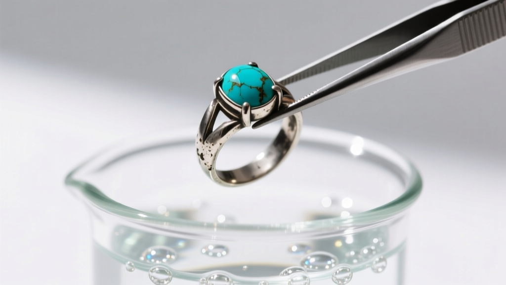 Tweezers holding a tarnished silver ring with a turquoise stone, hovering above a glass beaker of liquid jewelry cleaning fluid.