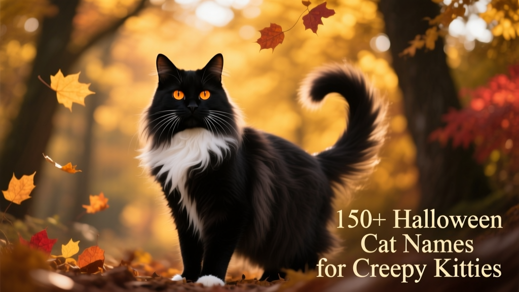 Regal-looking cat posing in front of golden autumn trees