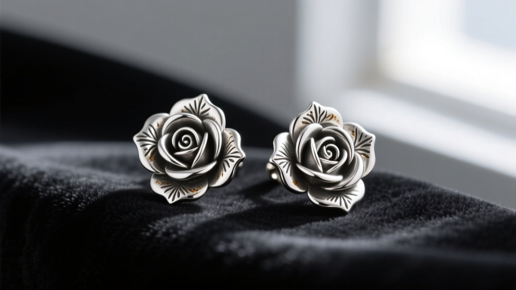 Macro photography of intricate 925 sterling silver rose stud earrings with oxidized petal details resting on dark velvet fabric.