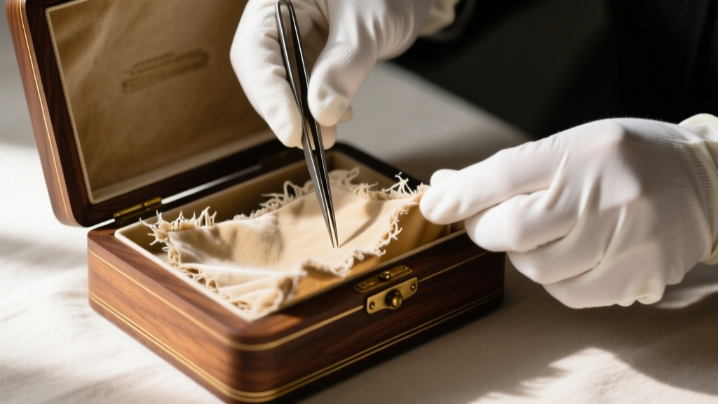 Conservator hands replacing a degraded vintage jewelry box lining with acid-free beige archival velvet using fine tweezers