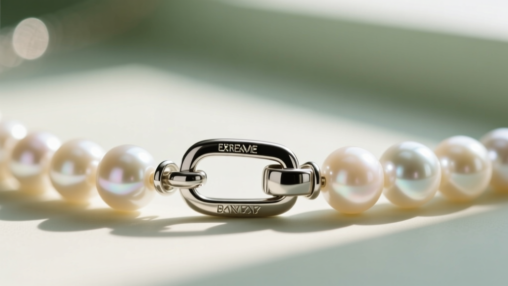 Macro shot of a magnetic breakaway clasp on a pearl intimate necklace, revealing the safety release mechanism and polished metal