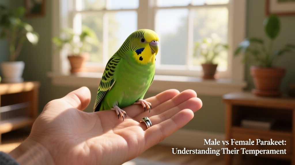 Budgie perched calmly on a hand, demonstrating trust and gentle handling