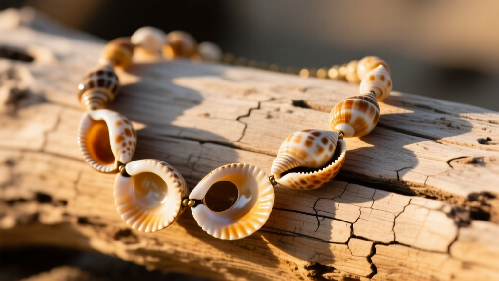Close-up of a natural Hawaiian puka shell necklace on weathered driftwood, highlighting asymmetrical holes and warm sunlight.