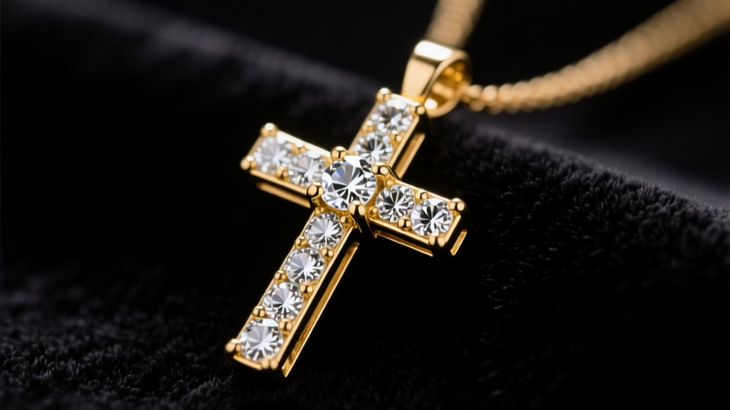 Gold-clad pave cross pendant on dark velvet, showing brilliant cubic zirconia stones under soft studio lighting in a close-up shot.
