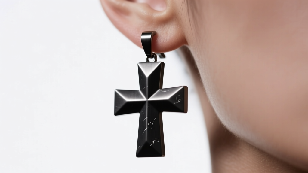 Close-up of a heavy matte black titanium upside down cross earring dangling from a standard earlobe under soft studio lighting.