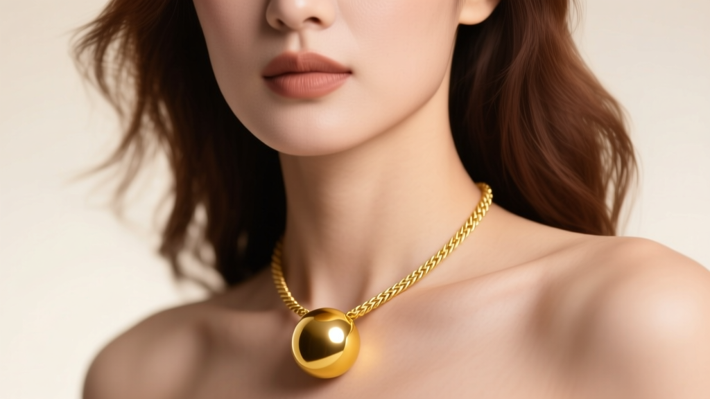 Close-up of a woman wearing a 20mm solid 14k yellow gold big ball necklace on a 3mm rope chain under soft, warm studio lighting.